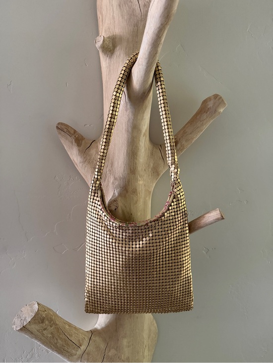 Handbags - Gold Metal Mesh Evening Wrist Bag Y2K Party Bag Chinoiserie Brocade Lining